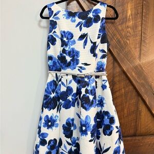 Eliza J White and Blue Floral Midi Dress